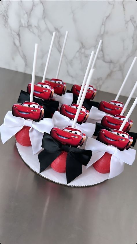 _cakesbykaren (Instagram) Race Car Treat Table, Cars Theme Treats, Car Theme Dessert, Birthday Gift For Bf, Cars Cake Pops, Lightning Mcqueen Cake, Mcqueen Cake, Baby First Birthday Themes, Valentine's Day Gift Baskets