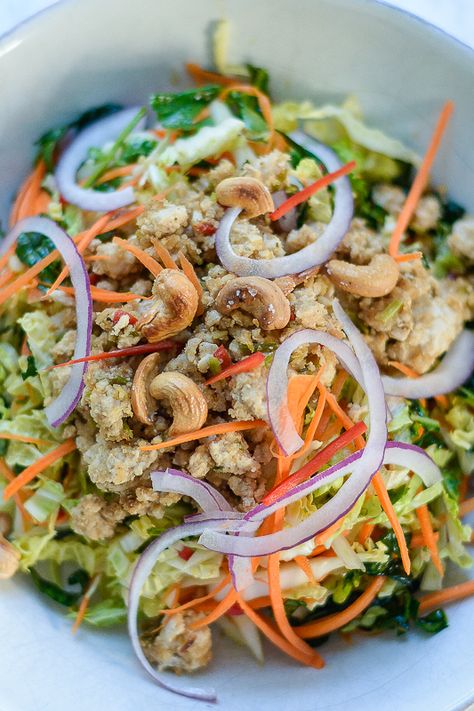 Chicken Larb Napa Salad - SheCooks.Design Napa Salad, Larb Salad, Chicken Larb, Chili Rice, Cashew Chicken, Roasted Cashews, Summer Cookouts, Napa Cabbage, Chinese Cabbage