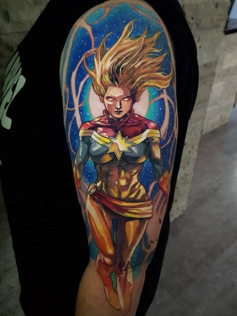 Captain Marvel (Troy Slack) Captain Marvel Tattoo, Marvel Tattoo Ideas, Wonder Woman Tattoo, Comic Book Tattoo, Avengers Tattoo, Batman Tattoo, Marvel Tattoos, Gaming Tattoo, Star Wars Tattoo