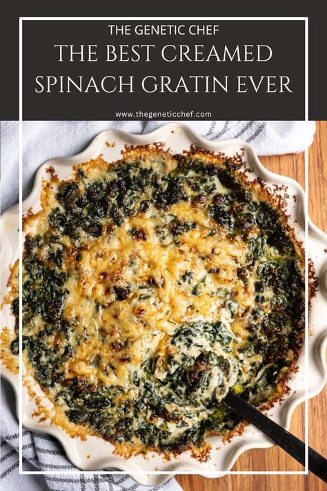 Creamed spinach gratin is a classic steakhouse favorite of spinach coated in a rich cheesy cream sauce, topped with more cheese, and baked until golden and bubbling. Perfect for holidays or special gatherings.
#spinach #spinachgratin #holidayrecipes #thanksgivingrecipes #Christmasrecipes | @thegeneticchef
#spinach #spinachgratin #holidayrecipes #thanksgivingrecipes #Christmasrecipes | @thegeneticchef Creamed Spinach Au Gratin, Creamed Spinach Boston Market, Creamed Spinach With Bacon, Spinach Gratin Ina Garten, Crockpot Creamed Spinach, Frozen Spinach Recipes Sides, Spinach Gratin Recipes, Creamed Spinach With Frozen Spinach, Creme Spinach