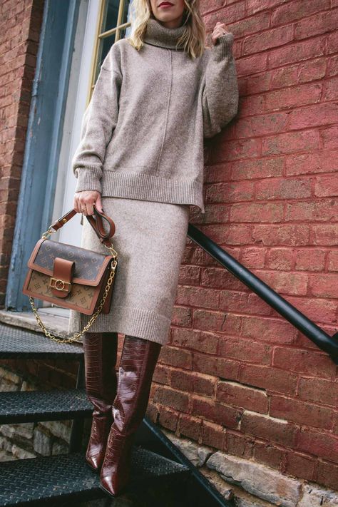 How to Wear Croc-Embossed Leather Boots - Meagan's Moda Brown Croc Embossed Boots Outfit, Croc Embossed Boots Outfit, Knee High Croc Boots Outfit, Brown Croc Knee High Boots Outfit, Brown Croc Boots Outfit, Brown Crocodile Boots Outfit, Crocodile Boots Outfit, Croc Boots Outfit, Boots Sweater Dress