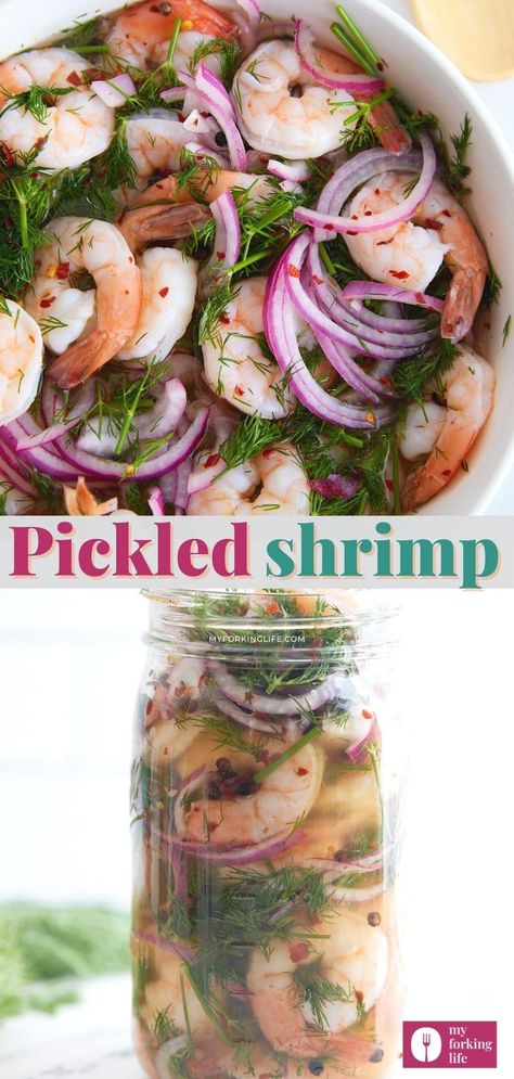 These Southern pickled shrimp are one delicious and easy appetizer! Fun and colorful to serve, they are perfectly briny with just a little spice. They make for a wonderful addition to serve at a party. Pickled Seafood Recipe, Pickled Shrimp Recipe Appetizers, Pickled Shrimp Salad, Pickled Shrimp Cooks Country, Pickled Shrimp With Capers, Picked Shrimp, Canning Shrimp, Pickled Appetizers, Marinated Shrimp Appetizer Cold