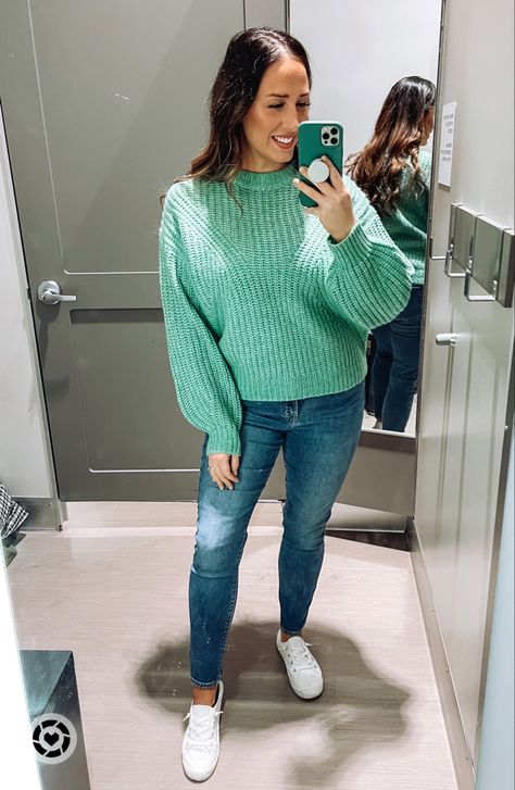 Mint green target Sweater. I sized down to a small here but I’d say it’s probably more tts. Such a cute and affordable target find! I linked other green sweaters from target for y’all! Jeans are from gap and fit true to size White slip on sneakers are from target and are seriously my favorite for when I’m rushing to get out the door but still want a cute look! They’re so comfortable too and are tts I also linked a target quilted tan crossbody and nude color Kate spade bag that I think would Mint Green Sweater Outfit Winter, Bright Green Sweater Outfit, Mint Green Sweater Outfit, Mint Sweater Outfit, Green Sweatshirt Outfit, Green Sweater Outfit, Sweaters Outfit, Mint Sweater, Mint Green Sweater