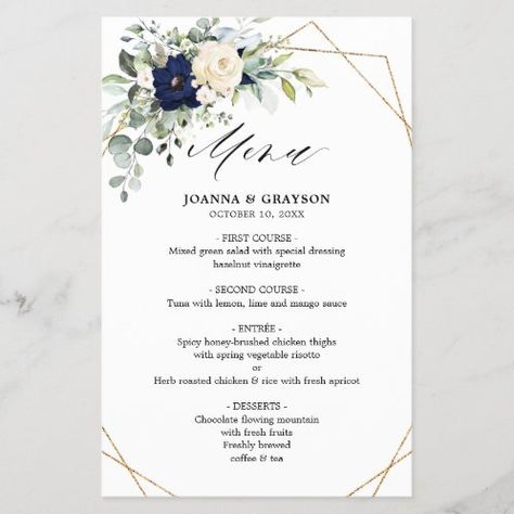 Greenery and White Floral Gold Wedding Menu Card | Zazzle.com Roast Chicken And Rice, Vegetable Risotto, Herb Roasted Chicken, Floral Greenery, Spicy Honey, Eucalyptus Greenery, Spring Vegetables, Geometric Wedding, Wedding Menu Cards