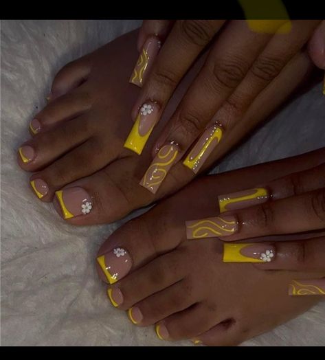 Yellow Acrylic Toes, Yellow French Tip Toes, White And Yellow Nails, Yellow Nails Acrylic, Yellow Toes, French Toe Nails, Yellow Toe Nails, Acrylic Nails Yellow, Neon Yellow Nails