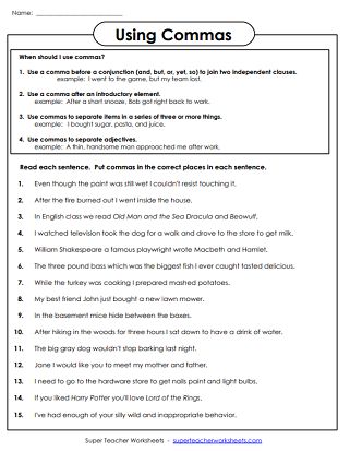 Punctuation Worksheets (Commas) Comma Worksheets, Teaching Punctuation, Punctuation Activities, Comma Rules, Worksheets For Grade 1, Punctuation Worksheets, Possessive Nouns, Writing Practice Worksheets, Essay Tips