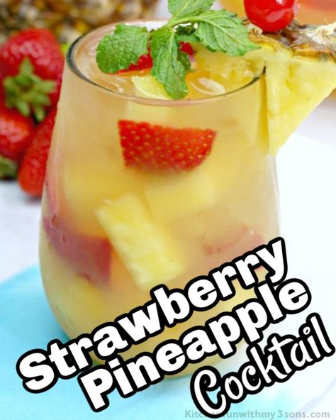 This easy to make Strawberry Pineapple Cocktail is absolutely amazing. Packed with fruit flavors this cocktail is great for hot summer evenings for get togethers. Make a large batch or make it cocktail by cocktail. Strawberry Rum Drinks, Pineapple Vodka, Strawberry Cocktails, Strawberry Vodka, Pineapple Cocktail, Summer Drinks Alcohol, Cocktail Drinks Alcoholic, Strawberry Drinks, Homemade Cocktails