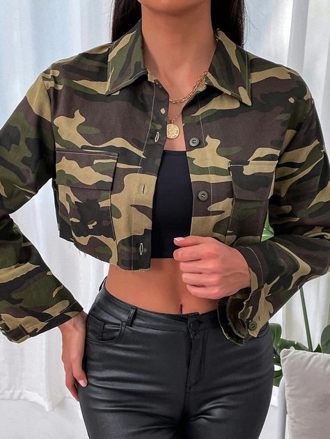 Jacket Outfit Women, Camouflage Jacket, Women Outerwear, Shein Outfits, Army Jacket, Cargo Jacket, Camo Jacket, Cropped Denim Jacket, Print Jacket