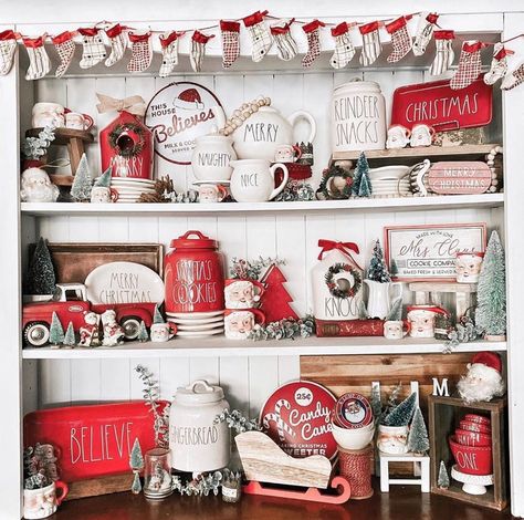 Christmas Mug Display, Mug Display Ideas, Stocking Garland, Christmas Hutch, Coffee Mug Display, Disney Coffee Mugs, Mermaid Mugs, Mug Display, Wooden Floating Shelves