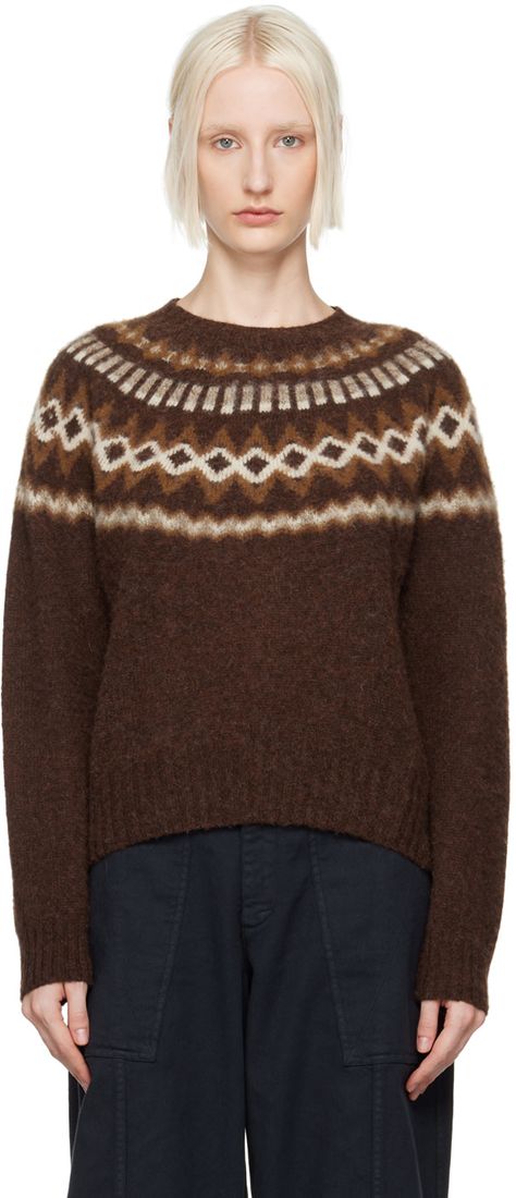 YMC: Brown Jets Fairisle Sweater | SSENSE Canada Lambswool Sweater, Clothes Wishlist, Jacquard Pattern, Fair Isle Sweater, Brown Sweater, Find You, Fair Isle, Chocolate Brown, Raglan Sleeve