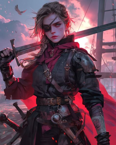 Varla the Red, pirate queen of the Blood Seas 🏴‍☠️⚔️🩸 • • ➡️ Drop a follow for daily creative goodness, or comment below if you like… | Instagram Pirate Queen Fantasy Art, Pirate Queen Character Design, Dnd Pirate Female, Female Pirate Character Design, Sea Druid, Pirates Aesthetic, Pirate Witch, Stealth Armor, Fantasy Pirate