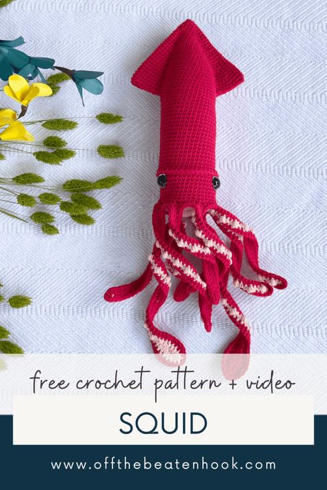 Squid Pattern Crochet, Crochet Squid Pattern Free, Squid Crochet Pattern Free, Fish Crochet Pattern Free, Amigurumi Squid, Crotching Ideas, Crochet Squid, Stuffed Crochet, Hook Crochet