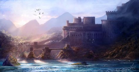 Fantasy City, Fantasy Castle, Fantasy Setting, Fantasy Places, Inspirational Artwork, Landscape Scenery, Fantasy Art Landscapes, Fantasy Dragon, Landscape Illustration