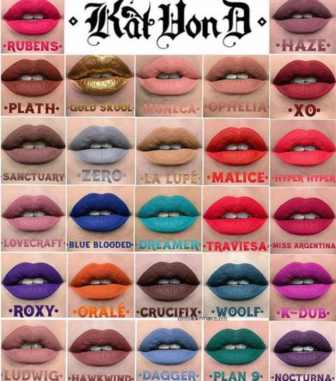 Embedded image Makeup Necessities, Kat Von D Lipstick, 15 Makeup, Nyx Lip, Nails Matte, Kat Von D Makeup, High End Makeup, Lipstick Swatches, Kesha