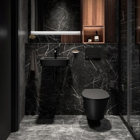 Matte Black Bathroom Fixtures, All Black Bathroom, Black Bathroom Fixtures, Design Interior Baie, Black Marble Bathroom, Bathroom Layout Ideas, Black Tile Bathrooms, Black Spirit, Contemporary Bathroom Decor