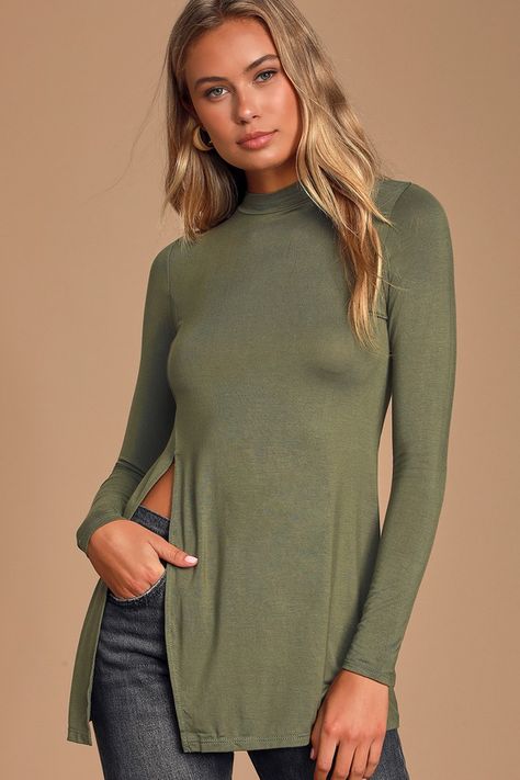 Lulus : Lulus Eyes On Me Olive Green Long Sleeve Tunic Top Plain Black Top, Hot Blouse, Green Tunic, Eyes On Me, Black Tunic, Green Long Sleeve, Long Sleeve Turtleneck, Turtle Neck Top, Tunic Shirt