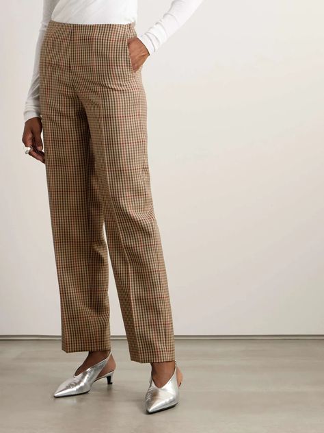 Katie Holmes Wore the Pant Trend That's Even Chicer Than Jeans | Who What Wear Brown Checkered Pants Outfit, Checkered Pants Outfit, Navy Blue Turtleneck, Brown Checkered, Checkered Pants, Fall Pants, Pant Trends, Sports Skirts, Katie Holmes