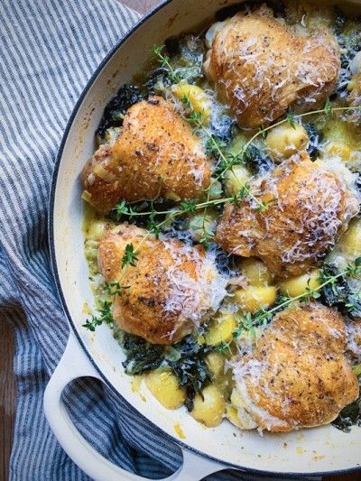 One Pan Chicken Thighs, Chicken Thighs With Potatoes, Recipes With Coconut Cream, Chicken Thighs Dinner, Creamy White Wine Sauce, Megan Mitchell, Chicken Kale, One Pan Chicken, White Wine Sauce