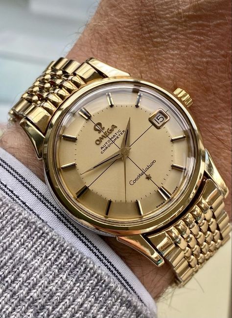 Gold Bracelet Men, Omega Watch Vintage, Vintage Gold Bracelet, Mens Watch Brands, Timeless Watches, Fancy Watches, Trendy Watches, Omega Constellation, Gold Watch Men