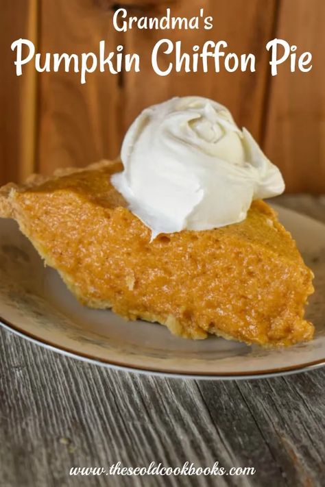 Grandma's Pumpkin Chiffon Pie Recipe - These Old Cookbooks Pumpkin Chiffon Pie Recipe, Pumpkin Custard Pie Recipe, Chiffon Pie Recipe, Pumpkin Chiffon, Pumpkin Chiffon Pie, Chiffon Pie, Old Cookbooks, Pumpkin Custard, Unflavored Gelatin