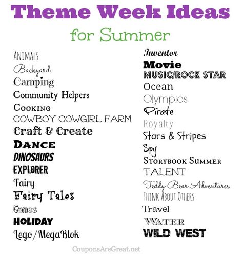 Frugal Summer Fun Ideas: Summer Theme Week Ideas.  Great list so we will never be bored!  Lots of ideas linked in the post as well. Theme Week Ideas, Summer Camping Ideas, Summer Fun Ideas, Summer Camp Themes, Camping Activities For Kids, Summer Camp Activities, Summer Schedule, Summer Preschool, Camping Photography