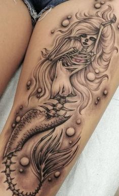 Skeletal Mermaid Tattoo, Mermaid Half Sleeve Tattoo For Women, Halloween Mermaid Tattoo, Undead Mermaid Tattoo, Mermaid Upper Arm Tattoo, Aries Mermaid Tattoo, Twin Mermaid Tattoo, Scorpio Mermaid Tattoo, Siren Tattoos For Women