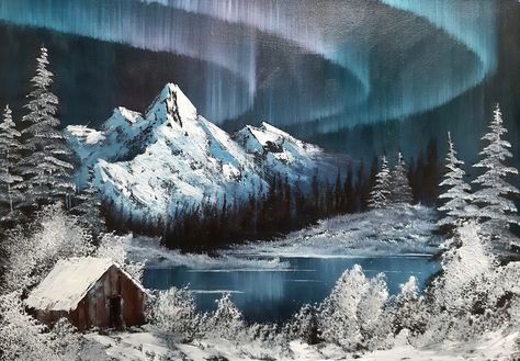 Bob Ross Cabin Painting, Bob Ross Northern Lights, Bob Ross Mountain Paintings, Bob Ross Winter Paintings, Bob Ross Style Paintings, Winter Mountains Painting, Bob Ross Paintings Tutorials Easy, Paintings Bob Ross, Painting Bob Ross