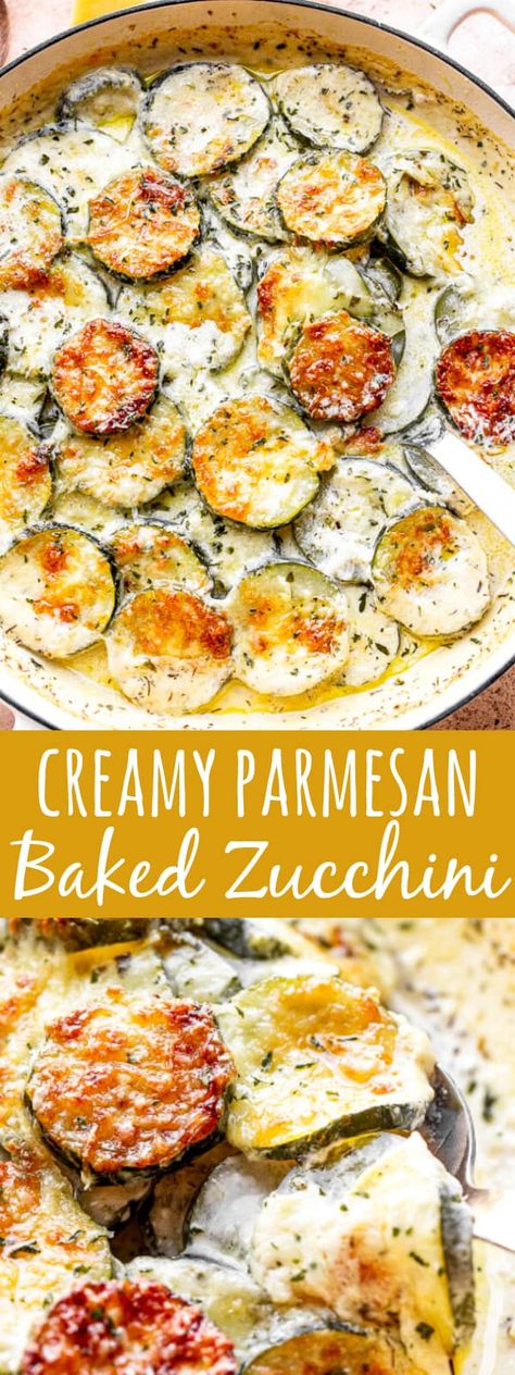 This Creamy Parmesan Baked Zucchini is the ultimate vegetarian dinner recipe! Fresh zucchini slices are covered with cream sauce and baked until golden brown in this easy comfort food meal. #zucchini #bakedzucchini #zucchinicasserole #zucchinirecipe Mediterain Diet, Easy Zucchini Casserole, Breaded Zucchini, Zucchini Sauce, Creamy Zucchini, Zucchini Recipes Baked, Zucchini Parmesan, Zucchini Casserole Recipes, Fresh Zucchini