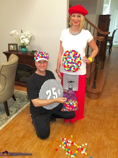 Emily: I am 35 weeks pregnant and wanted to include our little girl, Iris Joy, in the costume. My first child, Gracie, is in heaven, so Iris Joy is my rainbow... Pregnant Custome Halloween, Pregnant Gumball Machine Costume, Pregnancy Costumes Couples, Maternity Halloween Costumes Couples, Diy Gumball Machine Costume, Gumball Machine Halloween Costume, Pregnant Couple Halloween Costumes, Pregnant Halloween Costume, Gumball Machine Costume