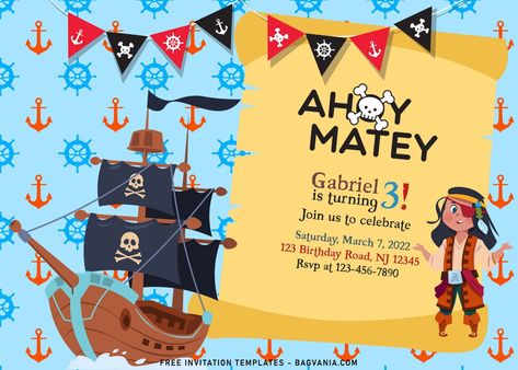 Free 11+ Personalized Pirate Themed Birthday Invitation Templates For Your Kid’s Birthday Party #free #freeinvitation2019 #birthday #disney #invitations #invitationtemplates Pirate Birthday Party Invitations, Pirate Party Invitations, Pirate Birthday Invitations, Pirate Themed Birthday, Woodland Birthday Party, Free Printable Birthday Invitations, Free Printable Invitations, Pirate Birthday Party, Woodland Birthday