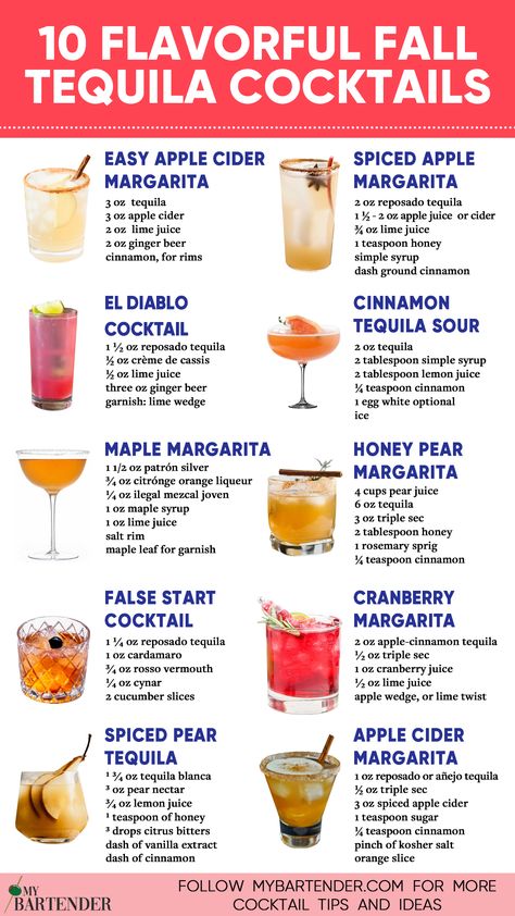 Fall Tequila Cocktails Easy Drink Cocktails, Fall Flavor Cocktails, Cozy Drinks Alcohol, Mix Drinks Alcoholic Tequila, Good Tequila Drinks, Fall And Winter Cocktail Recipes, Fall Cocktail Tequila, Fall Tequila Punch, Cocktail Recipes That Dont Taste Like Alcohol