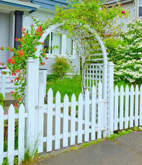 Beautiful white arbor with picket fence White Picket Fence Garden, Reban Ayam, Picket Fence Garden, Garden Gates And Fencing, Garden Gate Design, Front Gate, Garden Arbor, Garden Arches, Garden Entrance