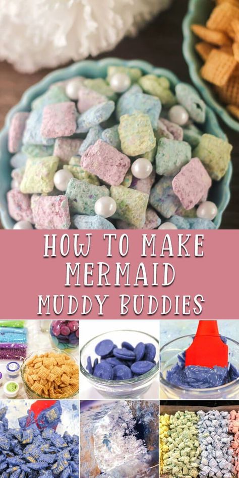 Mermaid Theme Finger Foods, Mermaid Party On A Budget, Mermaid Chex Mix Recipes, Mermaid Muddy Buddies, Mermaid Party For Adults, Mermaid Snack Table, Mermaid Puppy Chow, Mermaid Trail Mix Recipe, Mermaid Snacks For Party