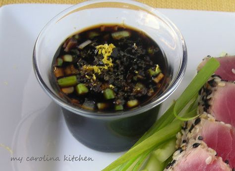 * Ponzu Dipping Sauce for Seared Ahi - Trisch G's is similar: 1/2 c soy sauce, 1/4 c sugar, 1/2 t garlic powder, 1/2 t ground ginger - heat in saucepan til sugar dissolves and sauce thickens - SLS 6/8/13 * Tataki Sauce Recipe, Sauce For Tuna Steak, Ahi Tuna Sauce, Sweet Soy Sauce Recipe, Tuna Marinade, Fish Dipping Sauce, Seared Tuna Recipe, Ahi Tuna Recipe, Seared Tuna Steaks