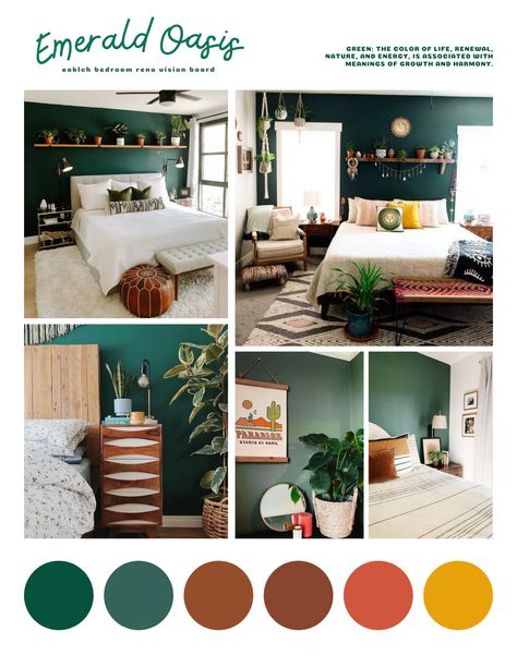 Green And Rustic Orange Bedroom, Emerald Green Color Scheme Bedroom, Green Bedroom Mood Board, Emerald Green Bedroom Decor, Bedroom Design Board, Emerald Green Bedroom, Bedroom Decor For Couples Cozy, Green Bedroom Colors, Bedroom Decor Master For Couples