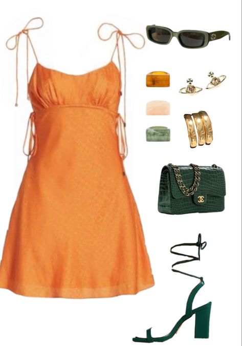 #fashion #lookbook #outfit #aesthetic #orange #dress #green #heels #strappyheels #goldjewelry #stones #nightout #classy Tangerine Outfit, Aesthetic Orange, Green Heels, Outfit Aesthetic, Fashion Lookbook, Orange Dress, Strappy Heels, Night Out, Gold Jewelry