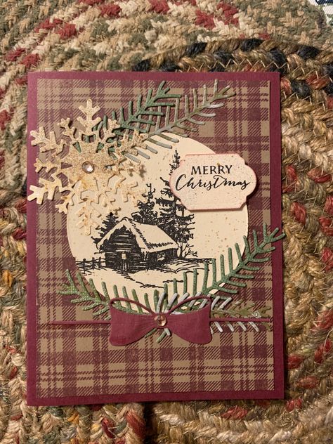 Tim Holtz cabin and plaid stamps and snowflake die. Bow die is from Memory Box. Greens are Stampin Up. Plaid Christmas Card Ideas, Masculine Christmas Cards Handmade, Rustic Christmas Cards Handmade, Bookmaking Ideas, Country Christmas Cards, Rustic Christmas Cards, Plaid Christmas Card, Deer Cards, Stamped Christmas Cards