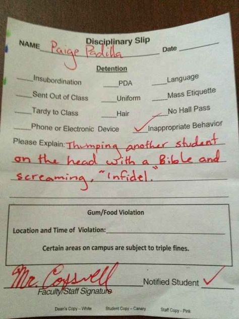 For literally bible-thumping. | The 28 Best Reasons For Getting Detention Funny Detention Slips, 5 Solas, Funny Test Answers, Funny Test, John Mulaney, Christian Humor, It Goes On, Funny Pins, Satire