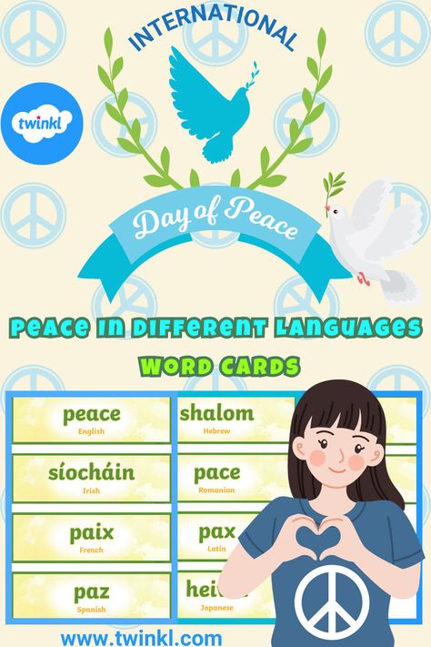 Peace In Different Languages Word Cards International Peace Day Activities, Peace In Different Languages, International Peace Day, Peace Day, Day Of Peace, International Day Of Peace, New Years Traditions, Classroom Discussion, Baby Play Activities