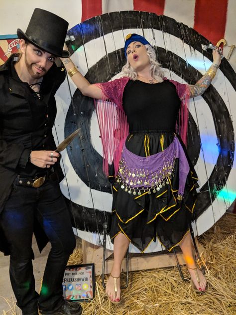 Circus Knife Thrower Costume, Fortune Teller Couple Costume, Circus Party Costume, Circus Backdrop, Zombie Decor, Circus Halloween Costumes, Scary Circus, Haunted Circus, Circus Freaks