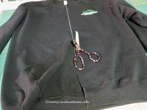 How To Turn A Sweatshirt Into A Jacket, Turn Sweatshirt Into Cardigan, Sweatshirt Into Cardigan Diy, Sweatshirt Alterations Ideas, Diy Hoodie Refashion, Sweatshirt Refashion Remake, T Shirt Remake, Reuse Old Clothes, I Don't Really Care