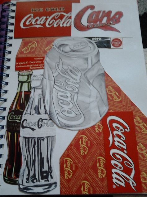 Cans title page Still Life Title Page Gcse, Food And Drink Art Gcse Title Page, Pop Art Title Page, Gcse Art Food Title Page, Alevel Art Title Page, Sketchbook Title Ideas, Coke Can Drawing, Studio Art Folio, Overlapping Art