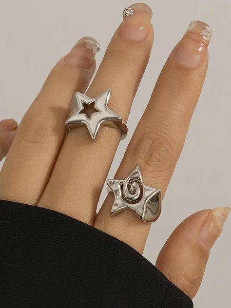 Normcore Adjustable Hollow Star Shape Rings Accessories Silver Clay Jewelry, Rings Y2k, Star Rings, Chrome Accessories, Rings Accessories, Leisure Fashion, Classy Jewelry, Funky Jewelry, Jewelry Outfit