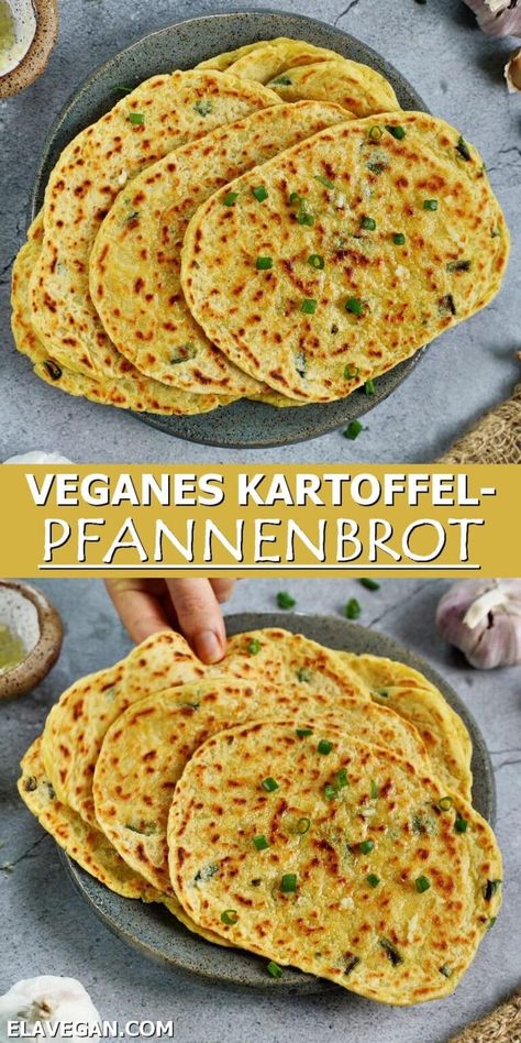 Dieses leckere Pfannenbrot mit Frühlingszwiebeln besteht aus nur 7 Zutaten und kann mit neuem oder übrig gebliebenem Kartoffelpüree zubereitet werden. Das Fladenbrot ist weich und flexibel, erfordert nur wenig Vorbereitung und ist zudem vegan, glutenfrei und ohne Hefe! #pfannenbrot #fladenbrot #kartoffelbrot #schnellesbrot #elasrecipes | elavegan.com/de Potato Flatbread, Vegan Flatbread, Glutenfri Baking, Gluten Free Flatbread, Pudding Chia, Gluten Free Potatoes, Vegan Potato, Vegan Gluten Free Recipes, Party Platters