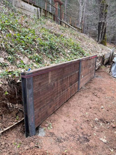 Wood Beam Retaining Wall, Smooth Retaining Wall, Fence Retaining Wall Ideas, Alternative Retaining Wall Ideas, Cedar Retaining Wall, Types Of Retaining Walls, 6x6 Retaining Wall, Retaining Wall Materials, Diy Short Retaining Wall