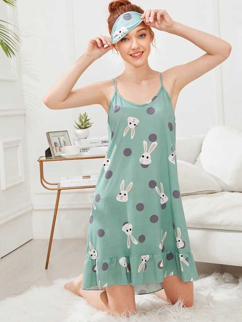 Rabbit Print Cami Dress With Eye Mask | ROMWE Sweet Party, Women's Sleepwear, Women's Pajamas, White Powder, Night Suit, Rabbit Print, Sleepwear Sets, Nightgowns, Shein Style