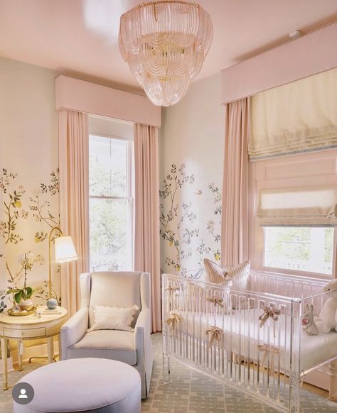 French Nursery Room Inspiration, Traditional Pink Nursery, Traditional Nursery Pink, Subtle Princess Nursery, Bow Nursery Theme Girl, Living Room Window Decor, Pink Bow Nursery Theme, Paris Nursery, Pink Baby Room