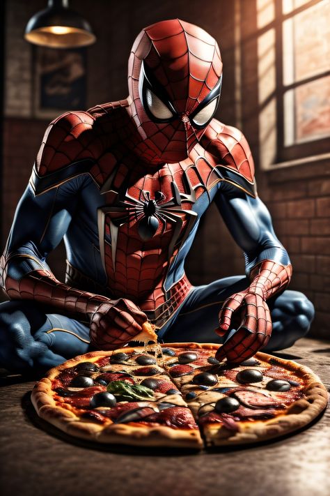 Spiderman Eating Pizza, Spiderman Pizza, Spiderman Eating, Museum Restaurant, Pizza Wallpaper, Custom Photo Wallpaper, Cafe Posters, Pizza Art, Black Cat Marvel