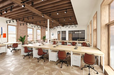 Open Office Concept, Communal Office Space, Peloton Room Ideas, Communal Office, Open Office Layout, Communal Workspace, Downtown Home, Private Workspace, Fitness Bike