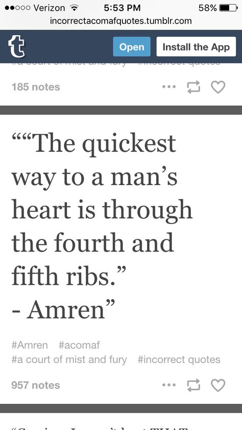 "So," geez was I nervous. Winter didn't even look up from cleaning her blade. "What do, um, what do think about, uh, love?" Again without looking at me, she answered, "I think the quickest way to a man's heart is through his fourth and fifth ribs," then she stabbed the knife into the wooden table. I almost feinted. Amren Acotar Quotes, Amren Acomaf, Amren Acotar, Acotar Quotes, Feyre Darling, Acotar Funny, Favourite Quote, Acotar Series, A Court Of Wings And Ruin
